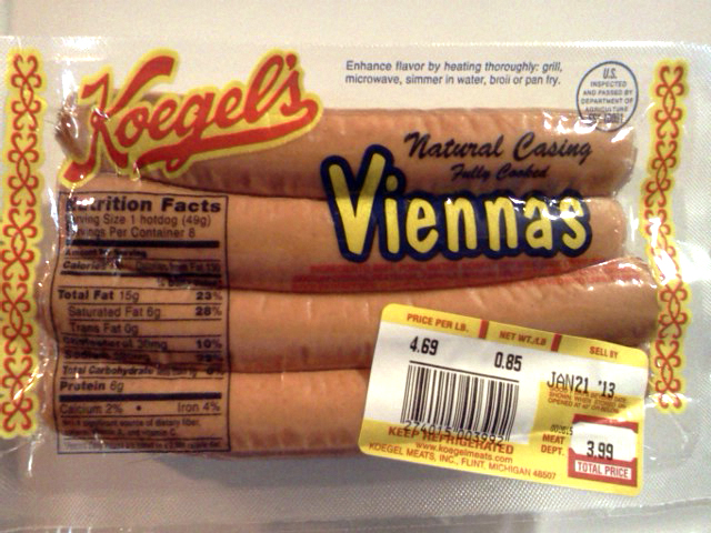 5 pks Koegel's Vienna Hot Dogs & 2 tubes of Coney Sauce. Gift Item No. 18.